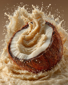 A halved coconut with milk splashing, isolated on white background