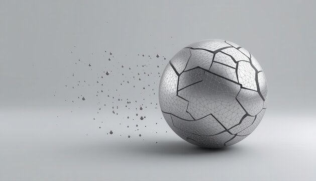 Silver textured sphere with deep cracks disintegrating into fine particles disintegration particles abstract conceptual transformation dissolving metallic background minimalist destruction