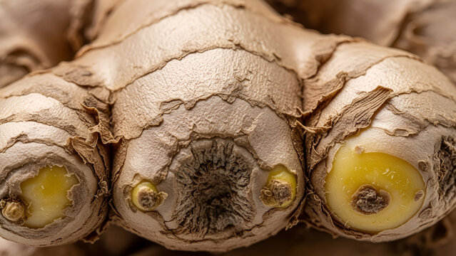Fresh organic ginger root rhizome featuring textured beige skin and bright yellow succulent interior flesh detail