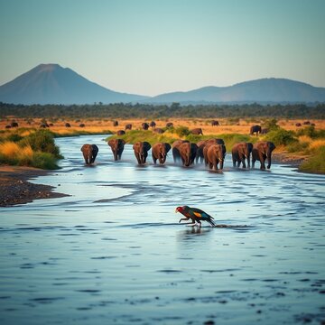 wildlife river crossing scene early morning with elephant