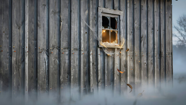 A rustic wooden barn wall with a broken window emitting a warm golden glow, surrounded by thick ground fog and floating autumn leaves at dusk
