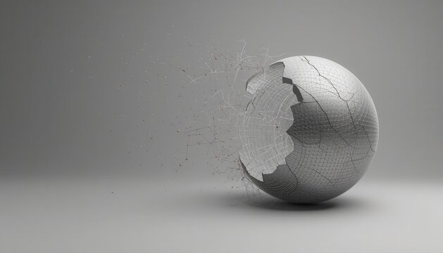 Abstract metallic sphere eroding into dust particles on grey background with metallic disintegration particles abstract conceptual transformation dissolving background minimalist fragmentatio