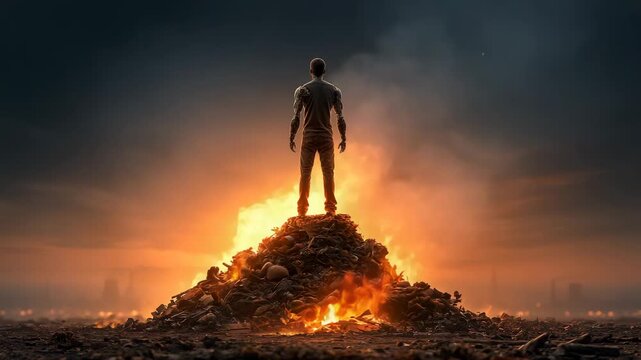 Cyborg Figure Standing Atop Pile of Scrap Metal