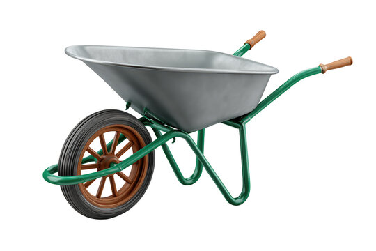 Realistic green wheelbarrow with gray container and wooden wheels isolated on transparent background