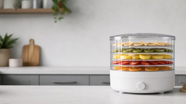 Modern food dehydrator with colorful fruits displayed in a stylish kitchen setting