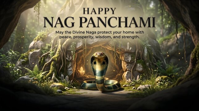 Happy nag panchami celebration greeting card with divine cobra in forest cave with serpent