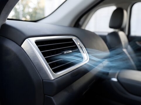 A detailed view of a car air conditioning vent releasing a cool stream of air inside the vehicle