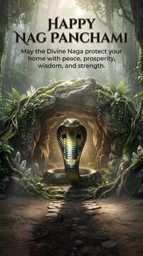 Happy nag panchami celebration greeting card with divine cobra in forest cave with Serpent