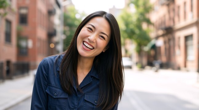 Portrait of a happy young East Asian woman laughing on a city street. Cheerful female model with genuine smile in urban neighborhood