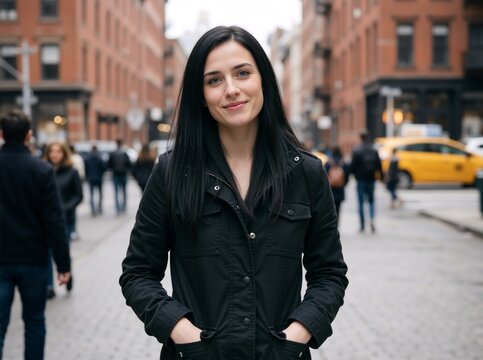 Portrait of a young woman in a black jacket on a city street. Smiling brunette female standing outdoors in an urban environment