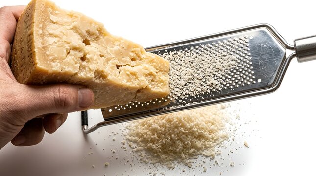 Hand grating hard parmesan cheese using a metal kitchen grater