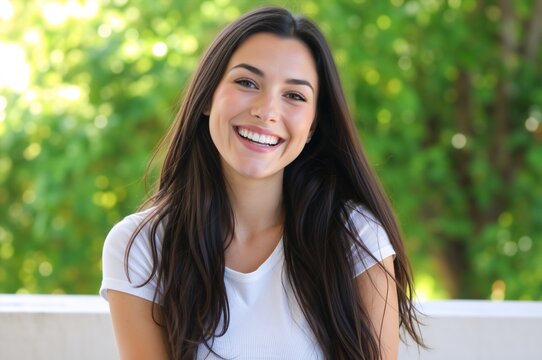 Portrait of a happy young woman smiling at the camera outdoors. Cheerful brunette female in a white t-shirt with green nature background. Healthy lifestyle concept