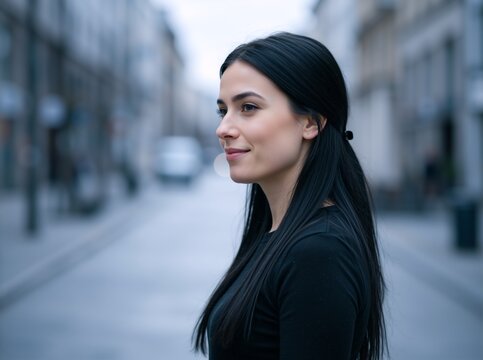 Profile portrait of a young woman with long straight black hair. Smiling female in a black shirt standing on a blurred city street. Minimalist urban lifestyle concept
