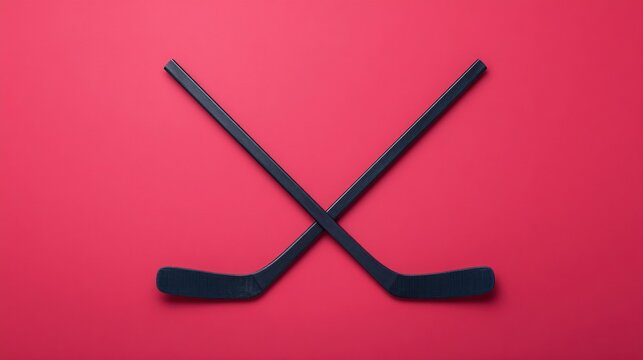 Two black hockey sticks crossed against a solid red background, symbolizing the sport of ice hockey.