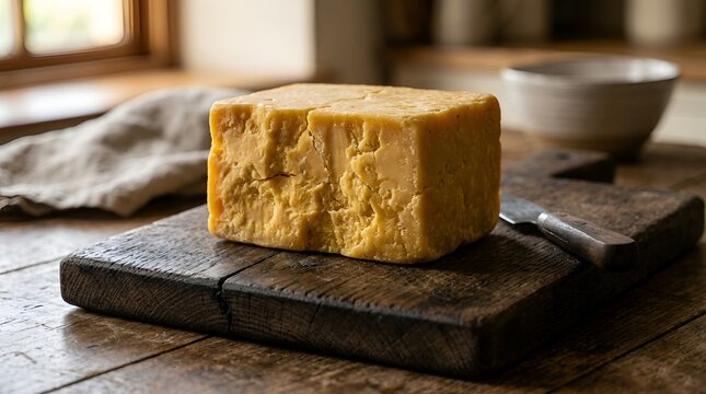 Large block of aged cheddar cheese on rustic wooden board