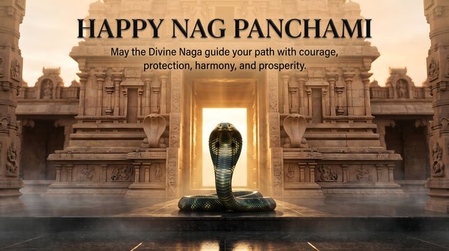 Happy nag panchami celebration greeting with divine cobra with stone temple celebrating
