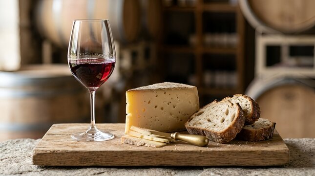 Red wine glass with cheese and bread on wooden board