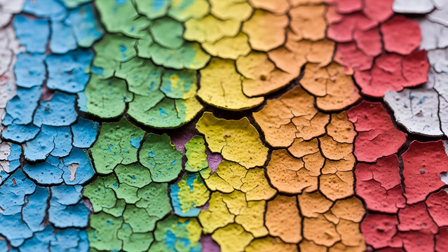 Vibrant rainbow colors displayed on dry cracked peeling paint showing intense texture and detailed surface patterns