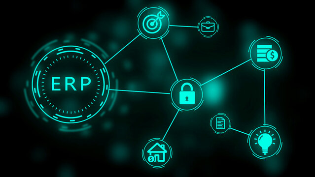 Teal digital network diagram depicting enterprise resource planning with interconnected for security, goals, business, finance, ideas, documents, and home ownership on a dark, blurred background
