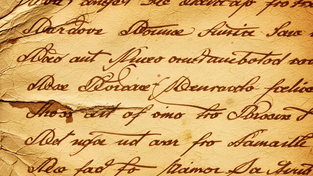 Ancient handwritten manuscript featuring delicate cursive calligraphy on a textured piece of weathered sepia toned parchment
