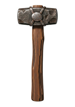 Old heavy iron sledgehammer with a rough wooden handle for construction and heavy duty work isolated on transparent background