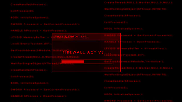 Computer screen with red code and a pop-up window labeled SYSTE M_ EXPLOIT. EXE." indicating FIREWALACTIVE" and a red loading bar, suggesting active defense against cyber