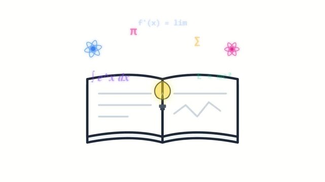 Open book with scientific symbols and graph inside on white background  