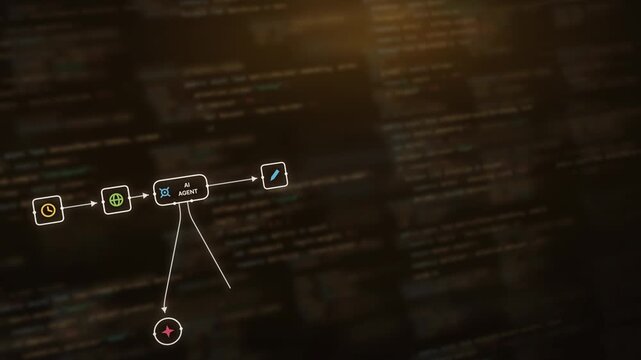 Dynamic AI Agent Workflow with Glowing Code Elements in Amber and Soft Background, Featuring Colorful Icons for Tools and Triggers, Evoking a High-Tech Atmosphere