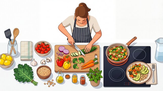 Young Woman Preparing Fresh Vegetable Salad in Home Kitchen Healthy Cooking and Meal Preparation Lifestyle Concept