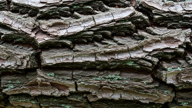 Rough pine tree bark with deep textured ridges and gray lichen patterns in natural outdoor lighting