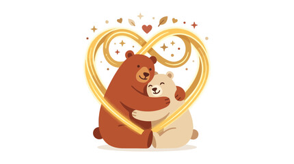Fototapeta premium Cute bears hugging inside a golden heart, love symbol, isolated