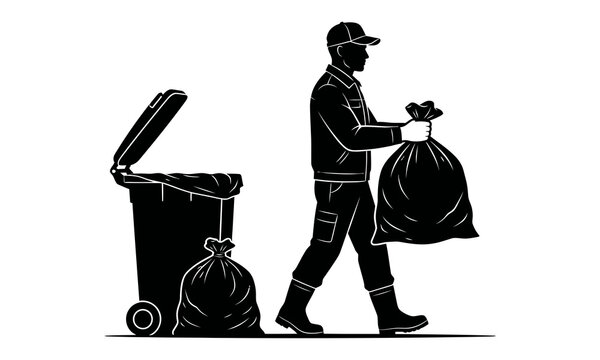 Worker holding trash bag with garbage bin isolated on transparent background vector