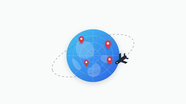 Abstract globe with airplane and location markers on blue background  