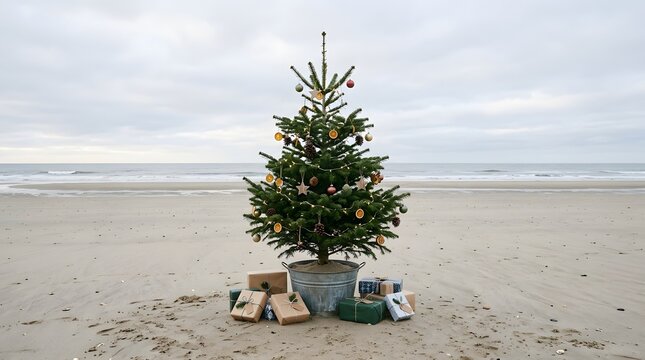 A decorated christmas tree standing in a pot on a sandy beach with the ocean in the background