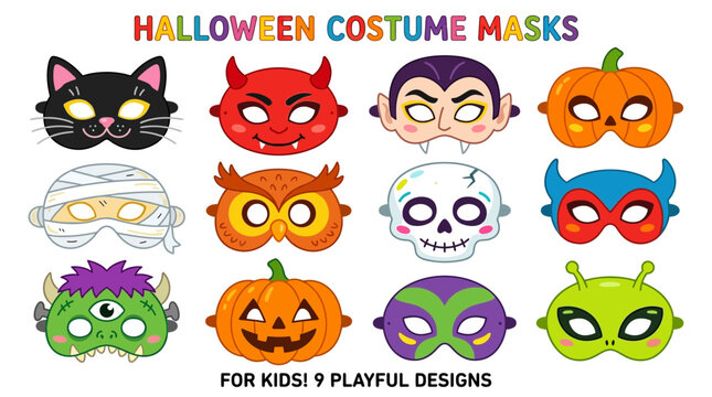 Halloween costume masks for children featuring diverse characters like a cat, devil, vampire, and monster are set in a grid.