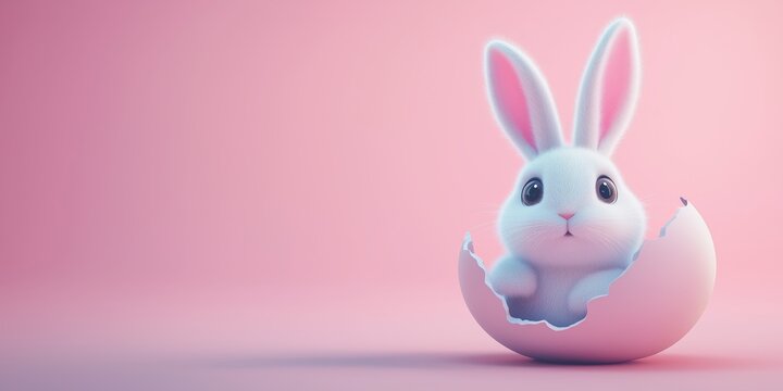 Adorable white bunny rabbit emerging from a cracked eggshell against a soft pink pastel background.