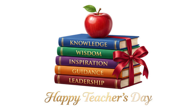 A stack of colorful books labeled with educational virtues topped by a red apple celebrating happy teachers day