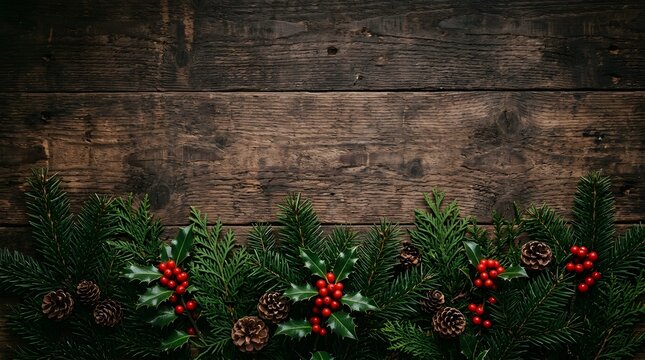 Rustic dark wooden wall background with a beautiful border of lush green leaves and vibrant red flowers