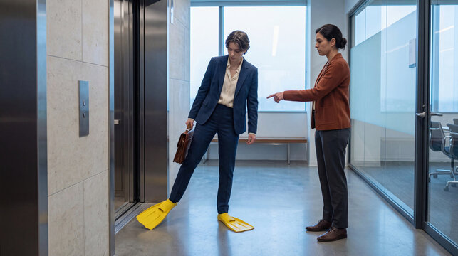 Coworker stops in elevator lobby after surprise swim fins