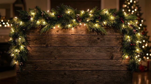 Rustic wooden fireplace mantel decorated with glowing warm fairy lights and green pine garlands for the christmas holiday season