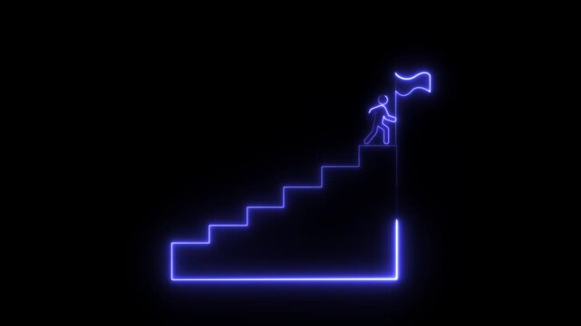 Neon glowing Person Climbing Stairs Towards Success flag icon animation on black background. 4k animation alpha chanel loop