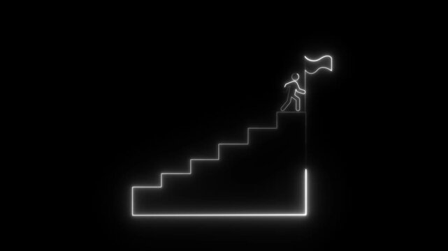 Neon glowing Person Climbing Stairs Towards Success flag icon animation on black background. 4k animation alpha chanel loop