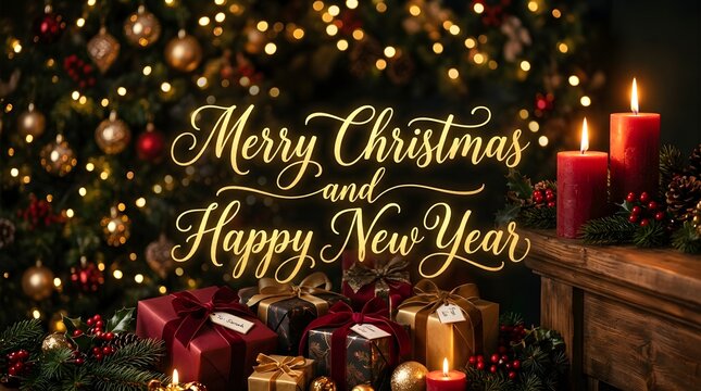 Merry christmas and happy new year greeting card with glowing candles and decorated tree in the background