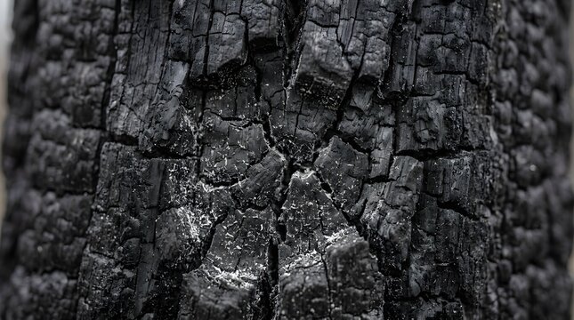 A detailed close-up of the rough and charred bark texture on a burnt tree trunk.