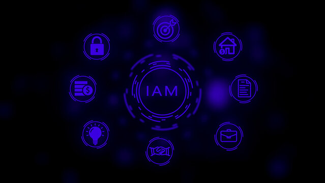 Digital abstract concept of IAM identity and access management with glowing purple representing lock, money, lightbulb, handshake, briefcase, document, house, and target arranged in a circular
