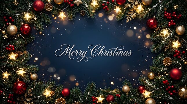 Merry christmas greeting card with a dark blue background surrounded by festive pine branches and glowing holiday decorations