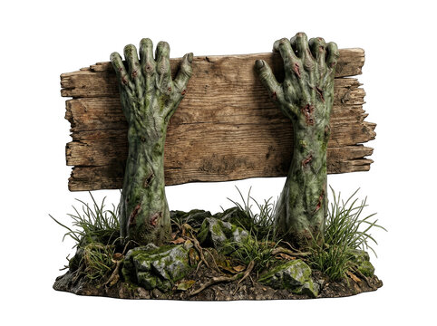 Two scary zombie hands rising from the ground holding a weathered wooden sign for halloween decorations