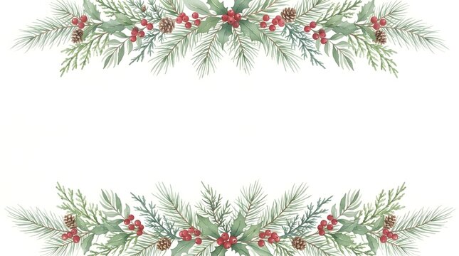 Watercolor christmas border frame with pine branches and red berries isolated on a white background for holiday design