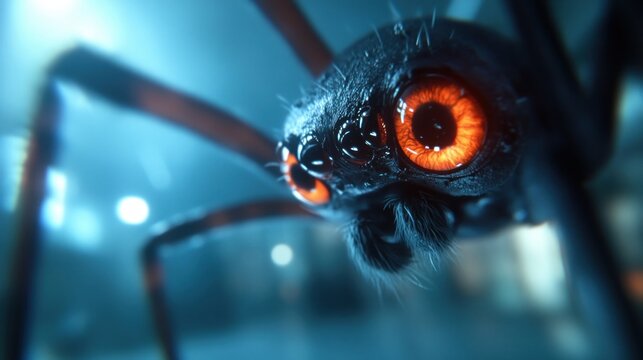 Close up of a scary spider with glowing orange eyes in a dark environment.