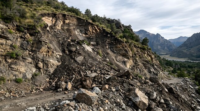 A rocky hillside showing the aftermath of a massive landslide blocking the road.